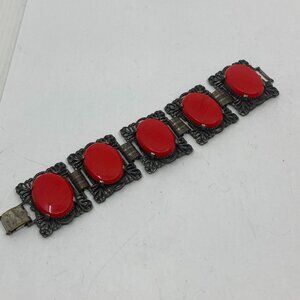 vtg '50 SELRO SELINI ? chunky cabochon red glass square pannel bracelet